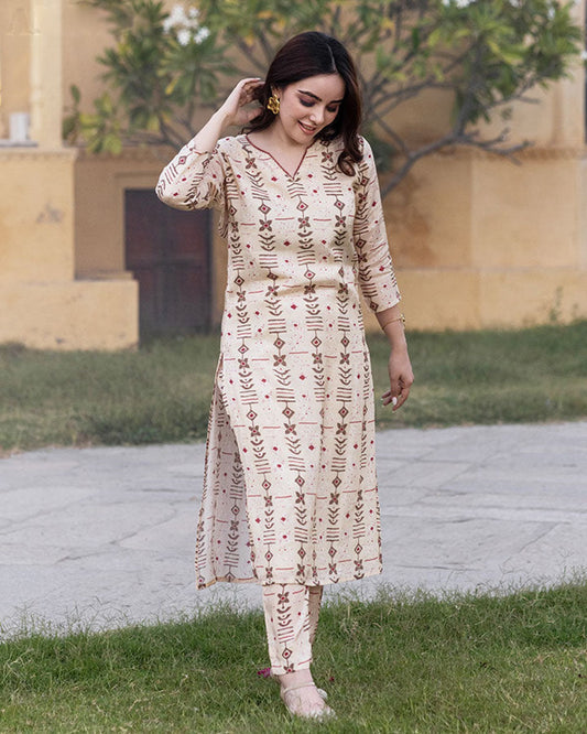 Cream Colour Pure Muslin Readymade Kurti With Bottom Set For Women's Dropshipera