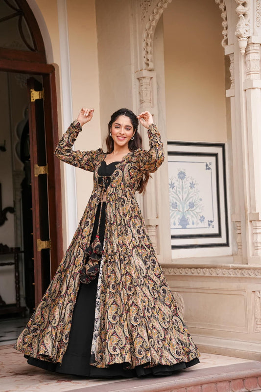 Printed Black Shrug Style Indo Western Gown For Women Dropshipera