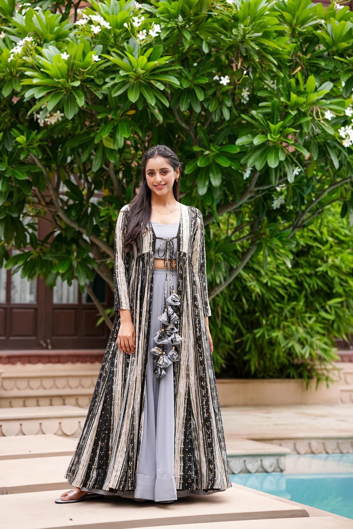 Light Gray Printed  Shrug Style Indo Western Gown For Women Dropshipera