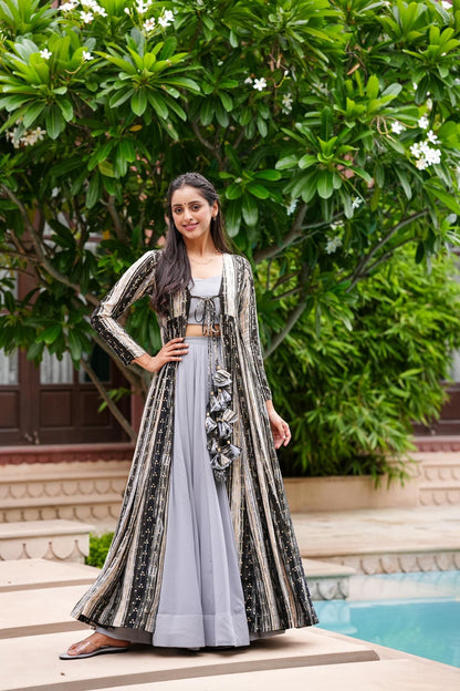 Light Gray Printed  Shrug Style Indo Western Gown For Women Dropshipera