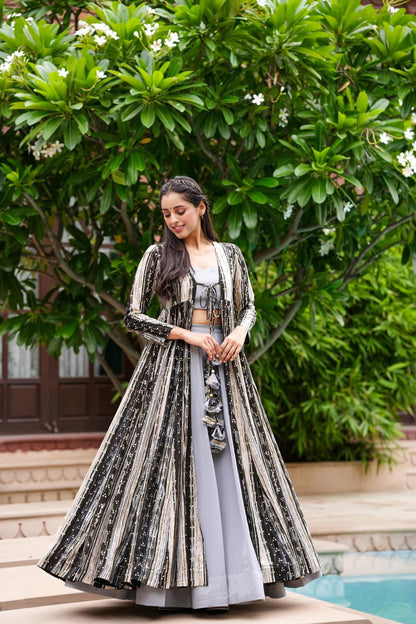 Light Gray Printed  Shrug Style Indo Western Gown For Women Dropshipera