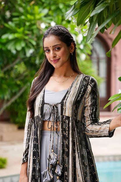 Light Gray Printed  Shrug Style Indo Western Gown For Women Dropshipera