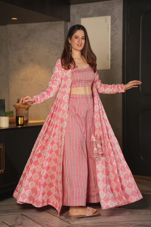 Barbie Pink Printed Shrug Style Indo Western Gown For Women Dropshipera