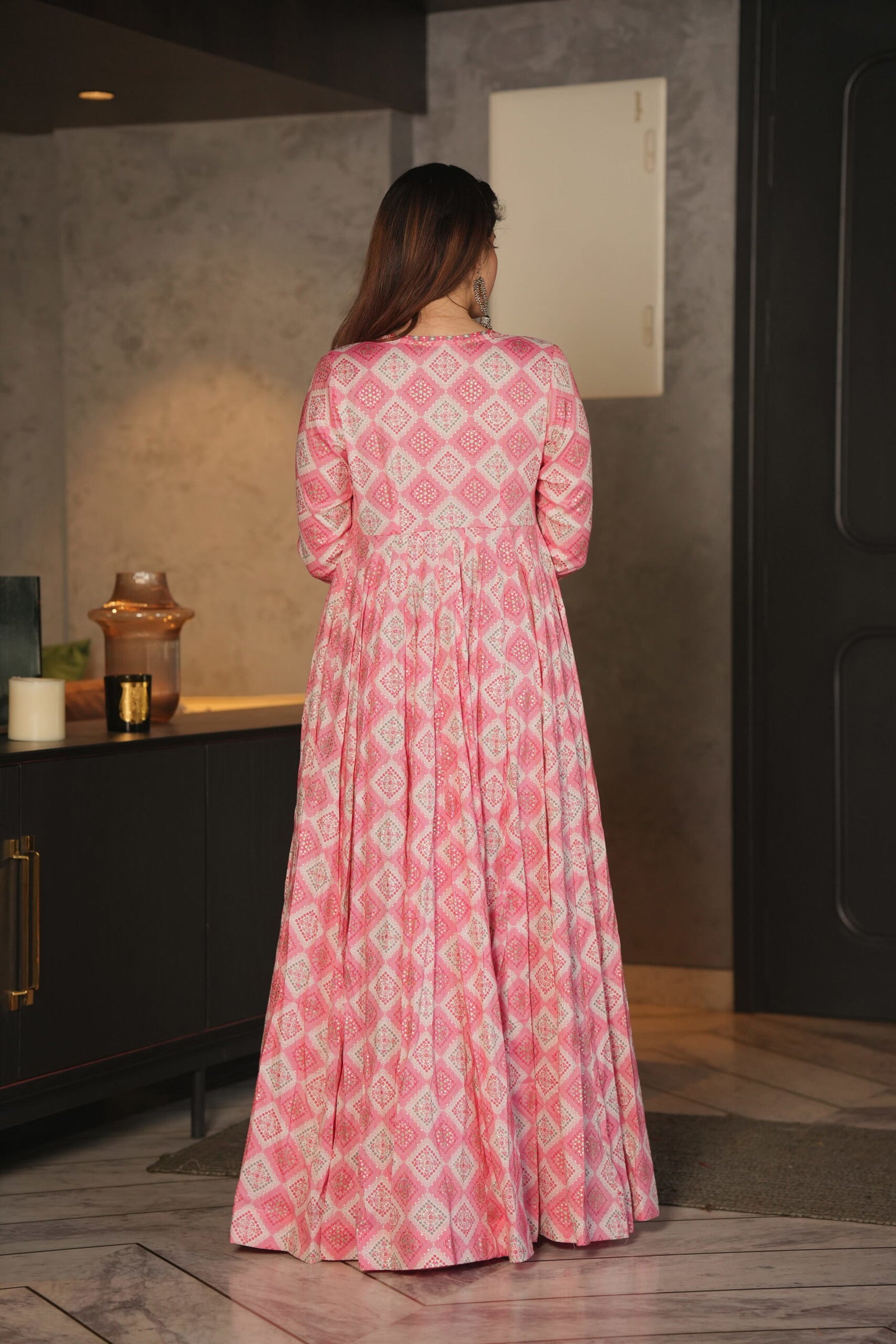 Barbie Pink Printed Shrug Style Indo Western Gown For Women Dropshipera