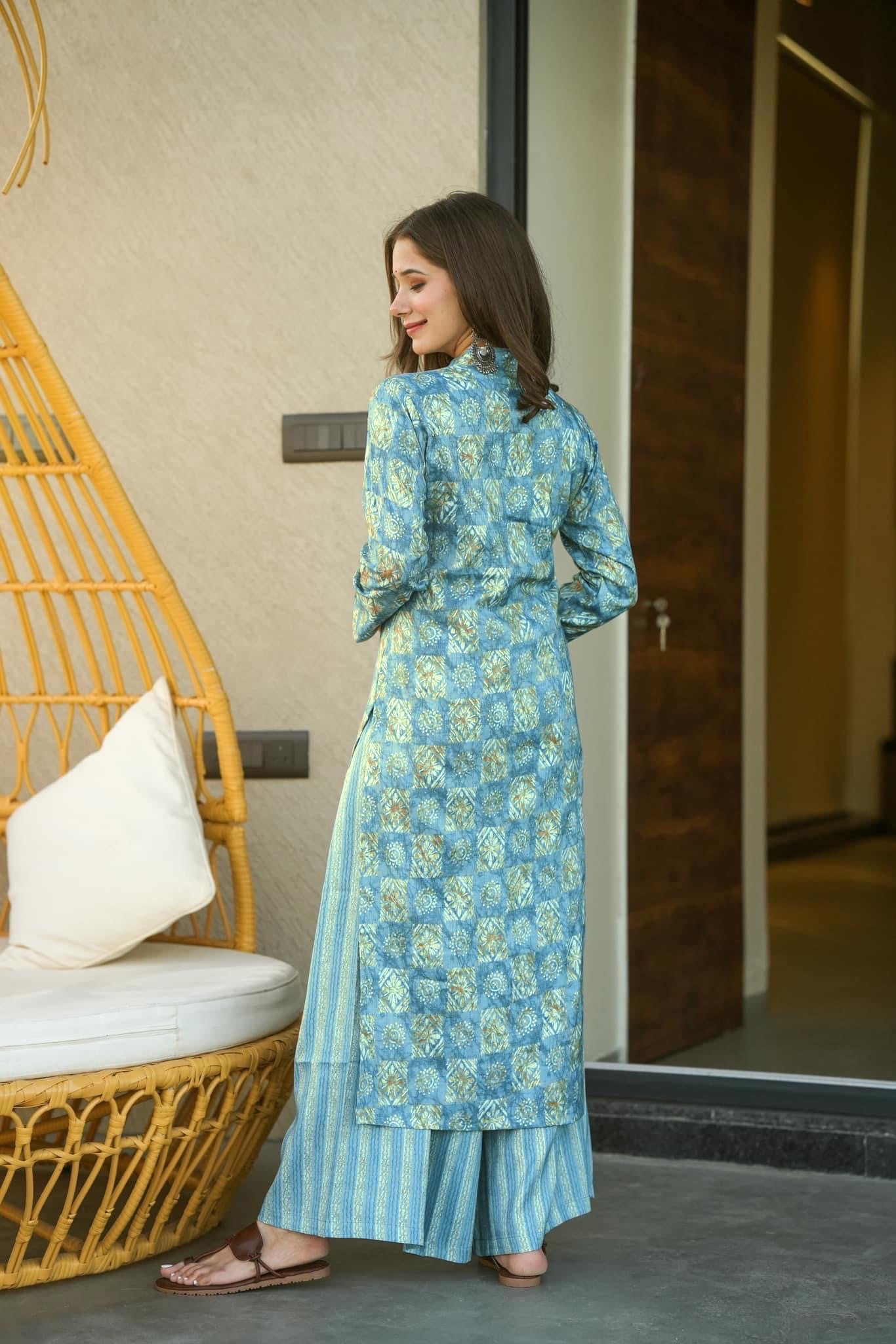 Digital Printed Pure Muslin Casual Wear Kurti Palazzo In Blue Dropshipera