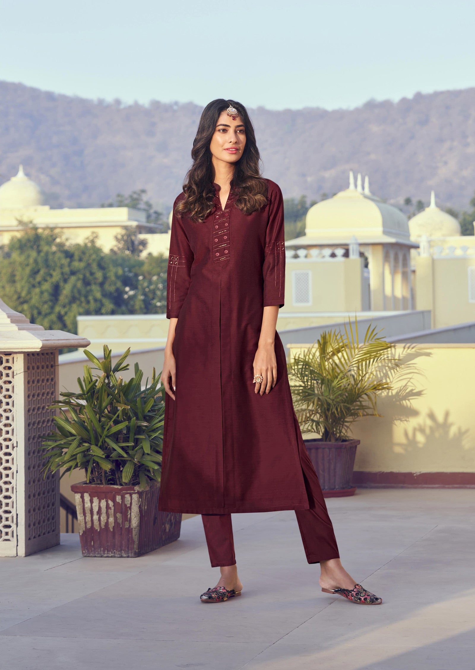 Wine Color Latest Roman Silk Kurti With Pant Dropshipera