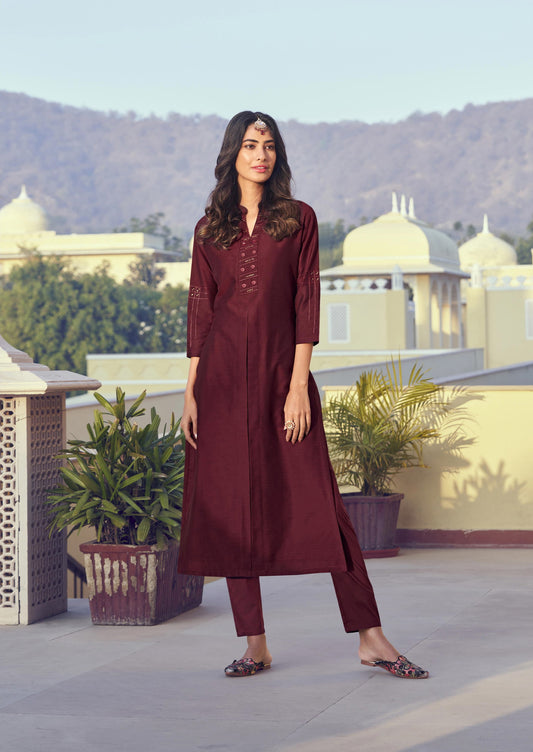 Wine Color Latest Roman Silk Kurti With Pant Dropshipera