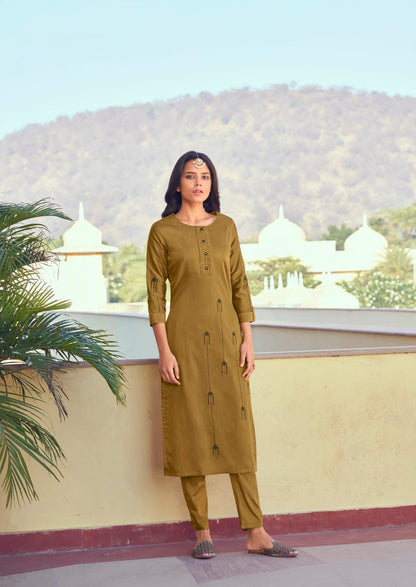 Mehendi Green Embroidery Work Roman Silk Kurta Set Dropshipera