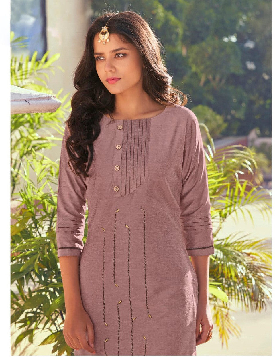 Lilac Brown Embroidery  Work Roman Silk Kurta Set Dropshipera