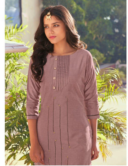 Lilac Brown Embroidery  Work Roman Silk Kurta Set Dropshipera