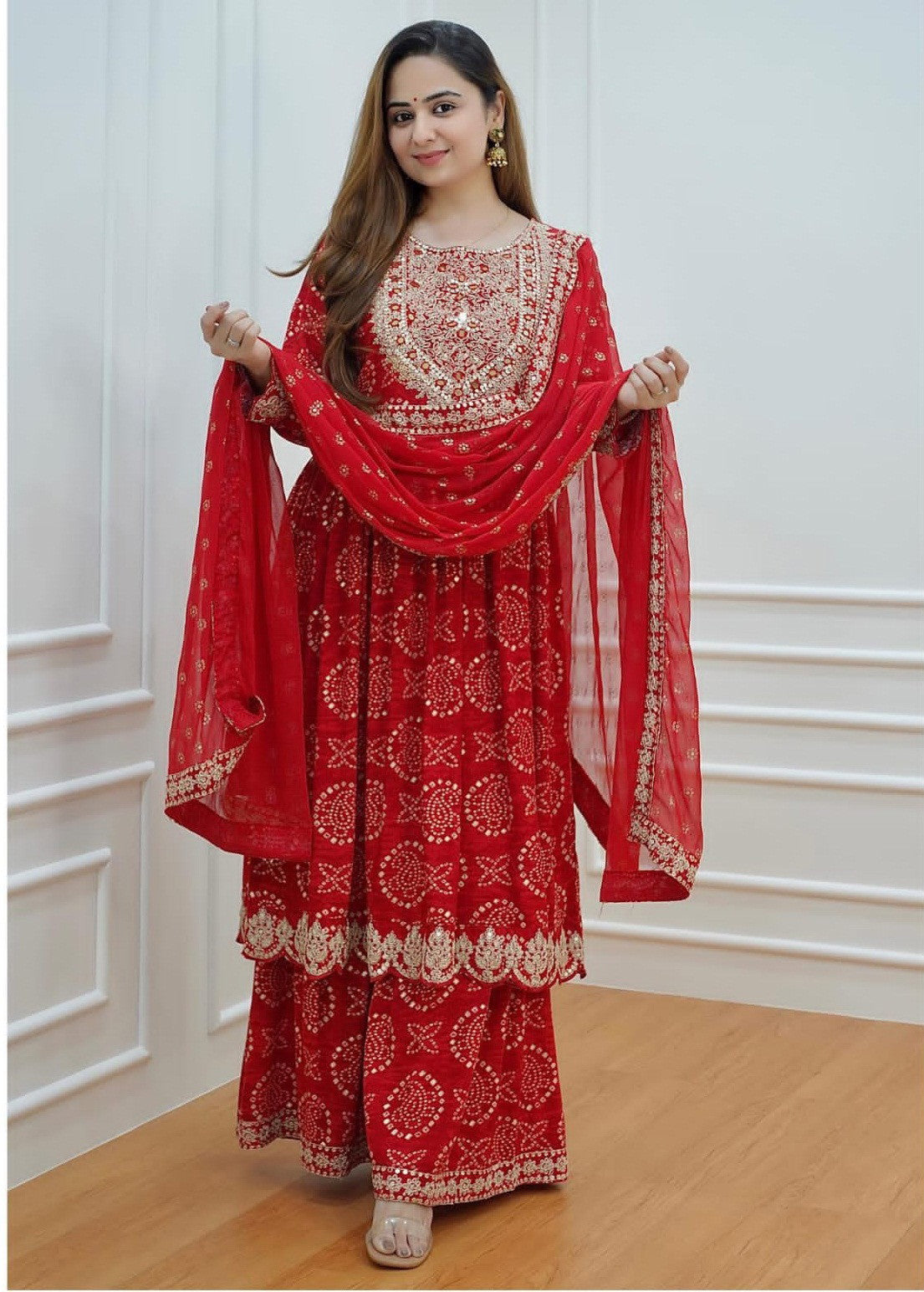 Bandhani Gold zari Embroidery and Sequence Work Red Color Kurti With Sharara & Dupatta Suit Set Dropshipera