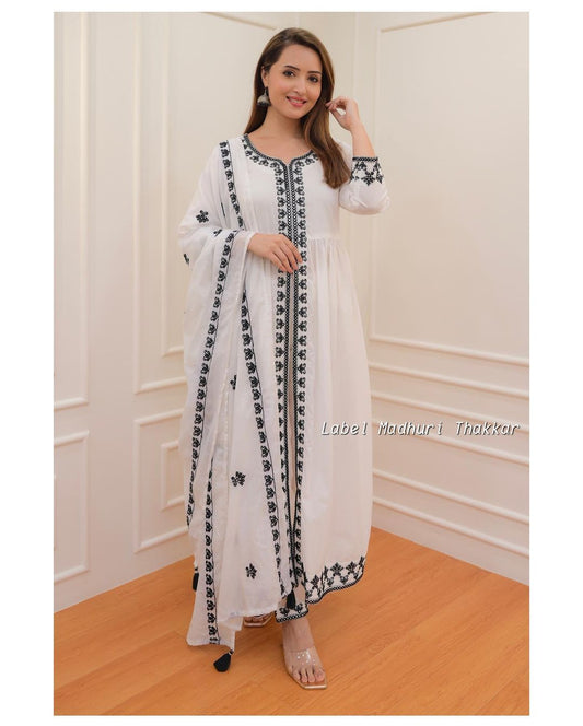 White Black Thread Embroidered A-Line Suit Dropshipera