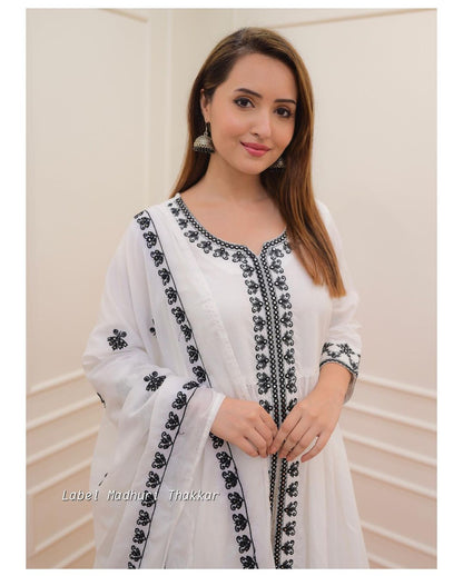 White Black Thread Embroidered A-Line Suit Dropshipera