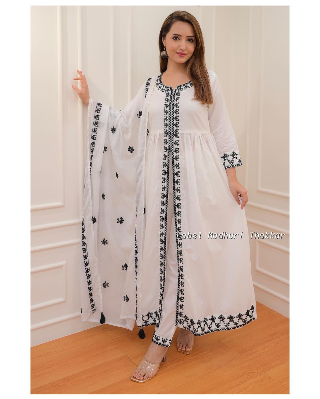 White Black Thread Embroidered A-Line Suit Dropshipera