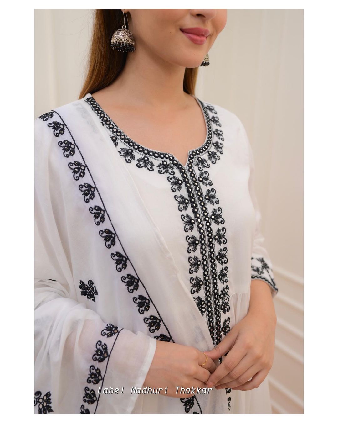 White Black Thread Embroidered A-Line Suit Dropshipera