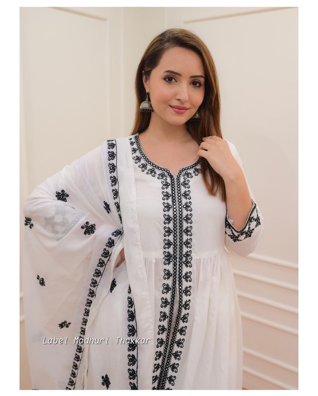 White Black Thread Embroidered A-Line Suit Dropshipera