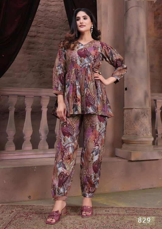 Designer Co-ords Set in Pink with Printed work Dropshipera