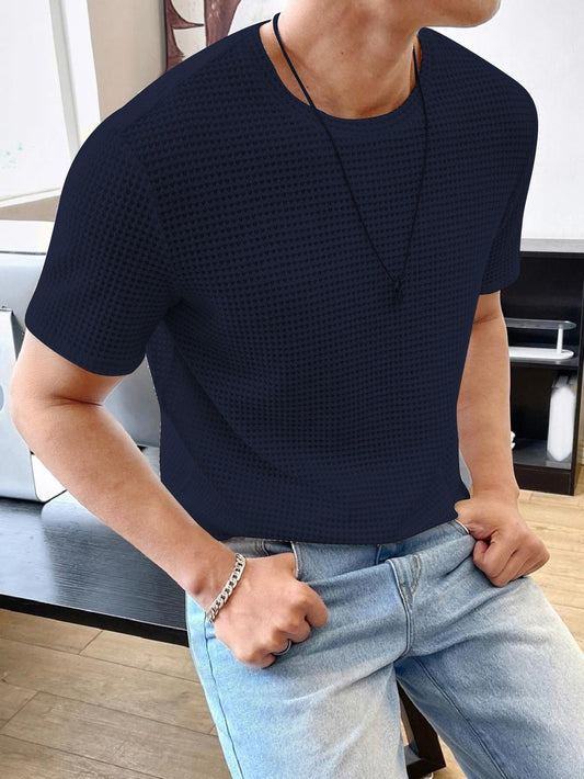 Waffle Navy Blue Hlaf sleeve Men T-Shirt Dropshipera