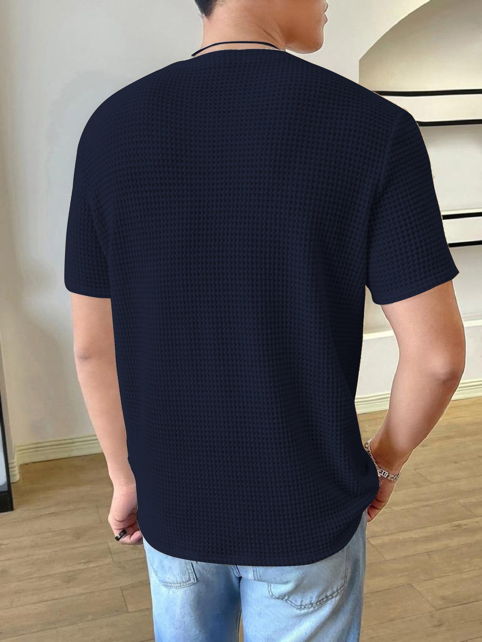 Waffle Navy Blue Hlaf sleeve Men T-Shirt Dropshipera