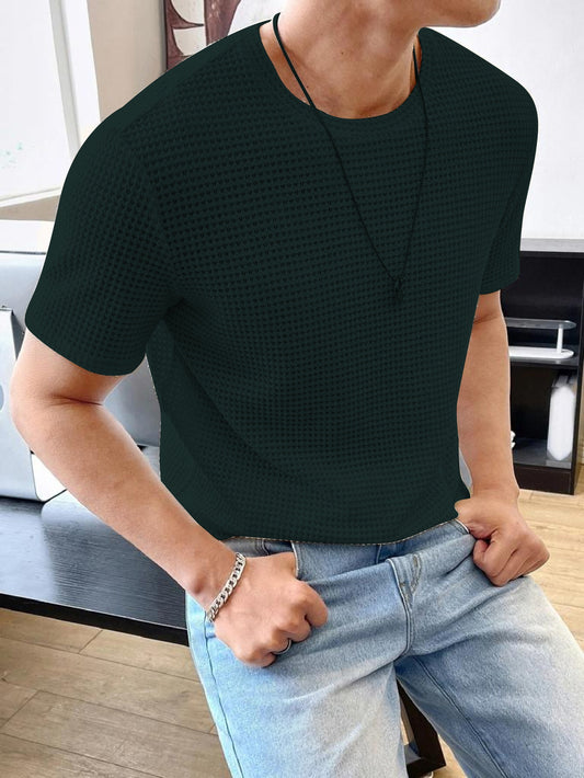 Men Solid Round Neck Waffle Dark Green T-Shirt Dropshipera