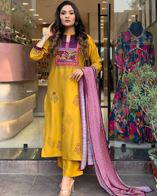 Women Embroidered Straight Kurta Set with Dupatta Dropshipera