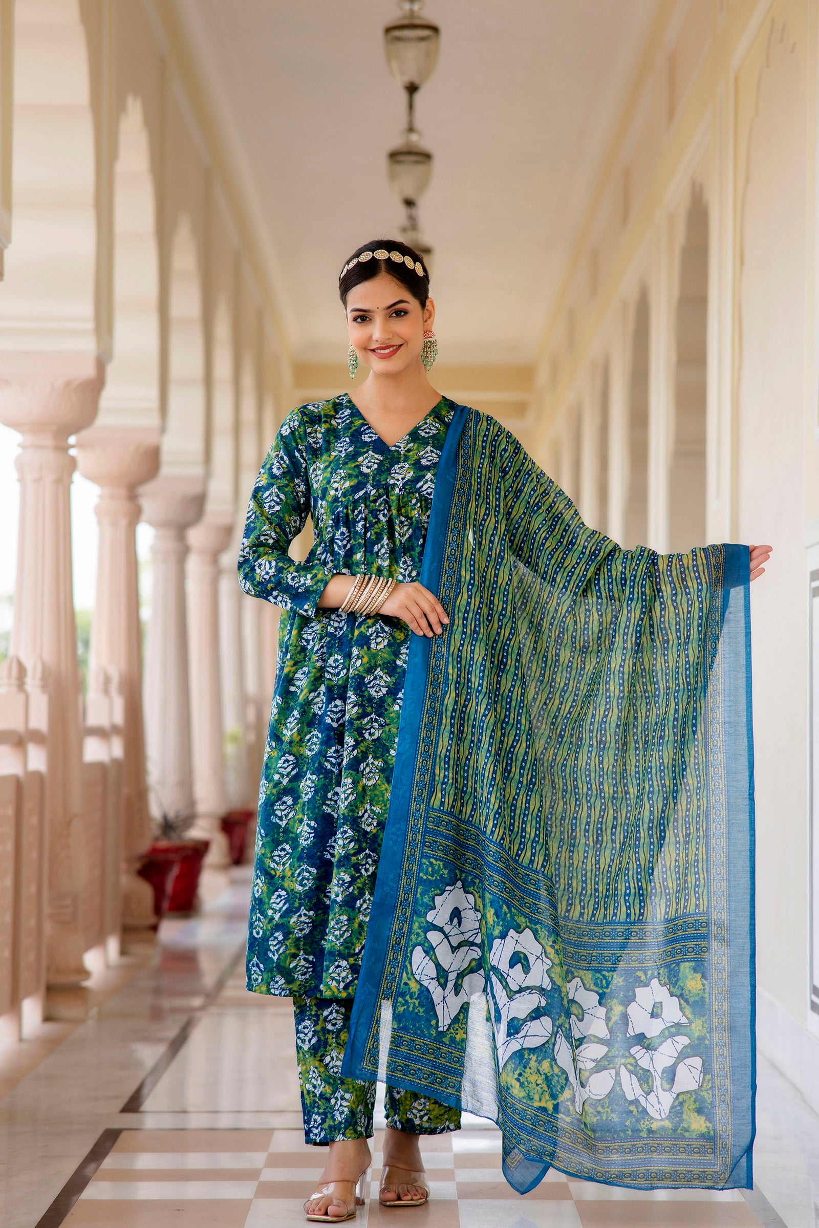 Women Printed A-Line Kurta and Pant Set with Dupatta Set Dropshipera