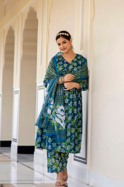 Women Printed A-Line Kurta and Pant Set with Dupatta Set Dropshipera