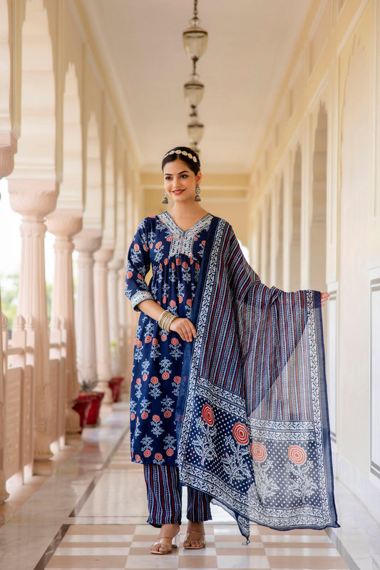 Women Embroidered Kurta and Pant Set With Dupatta Dropshipera