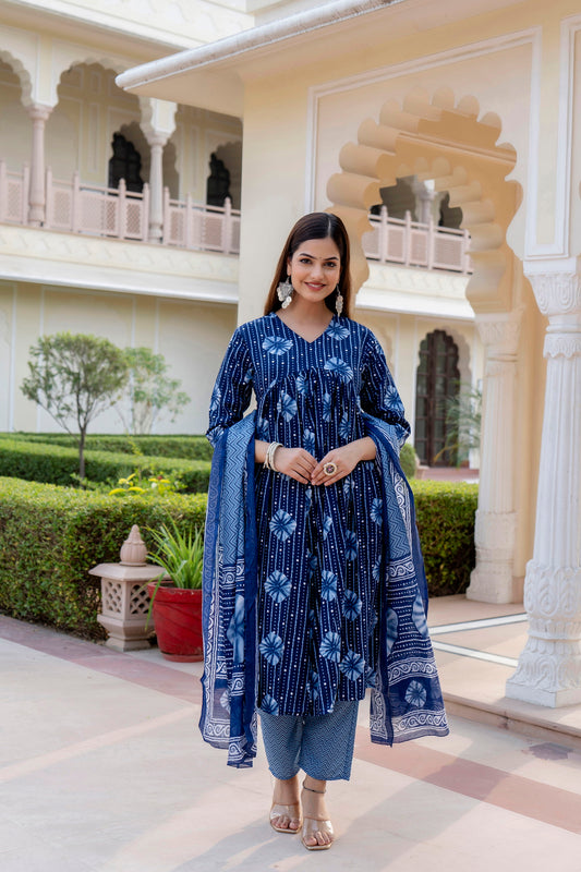 Women Blue Indigo Kurta and Pant Set With Dupatta Dropshipera