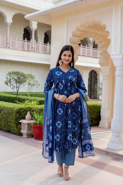 Women Blue Indigo Kurta and Pant Set With Dupatta Dropshipera