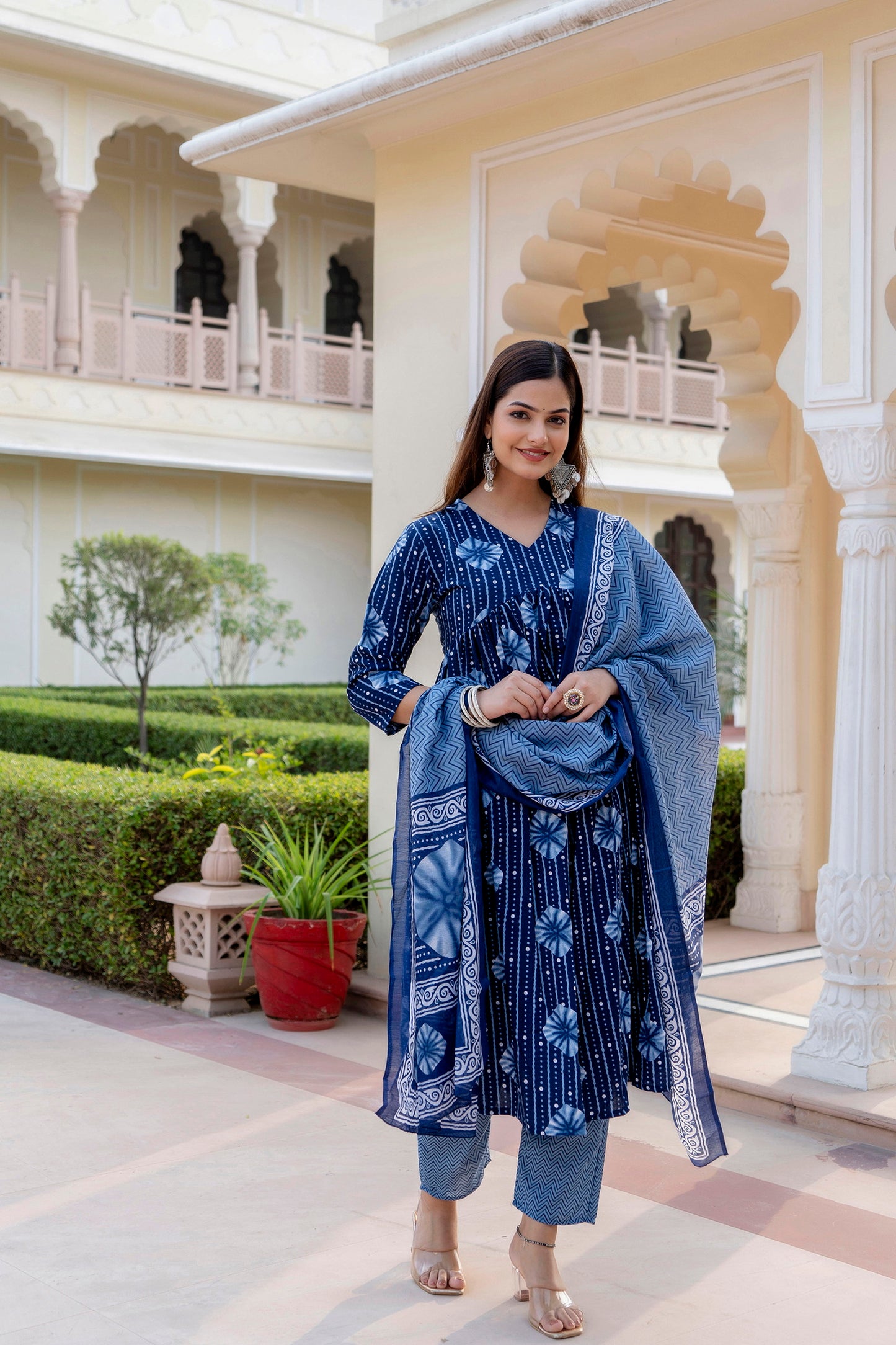 Women Blue Indigo Kurta and Pant Set With Dupatta Dropshipera
