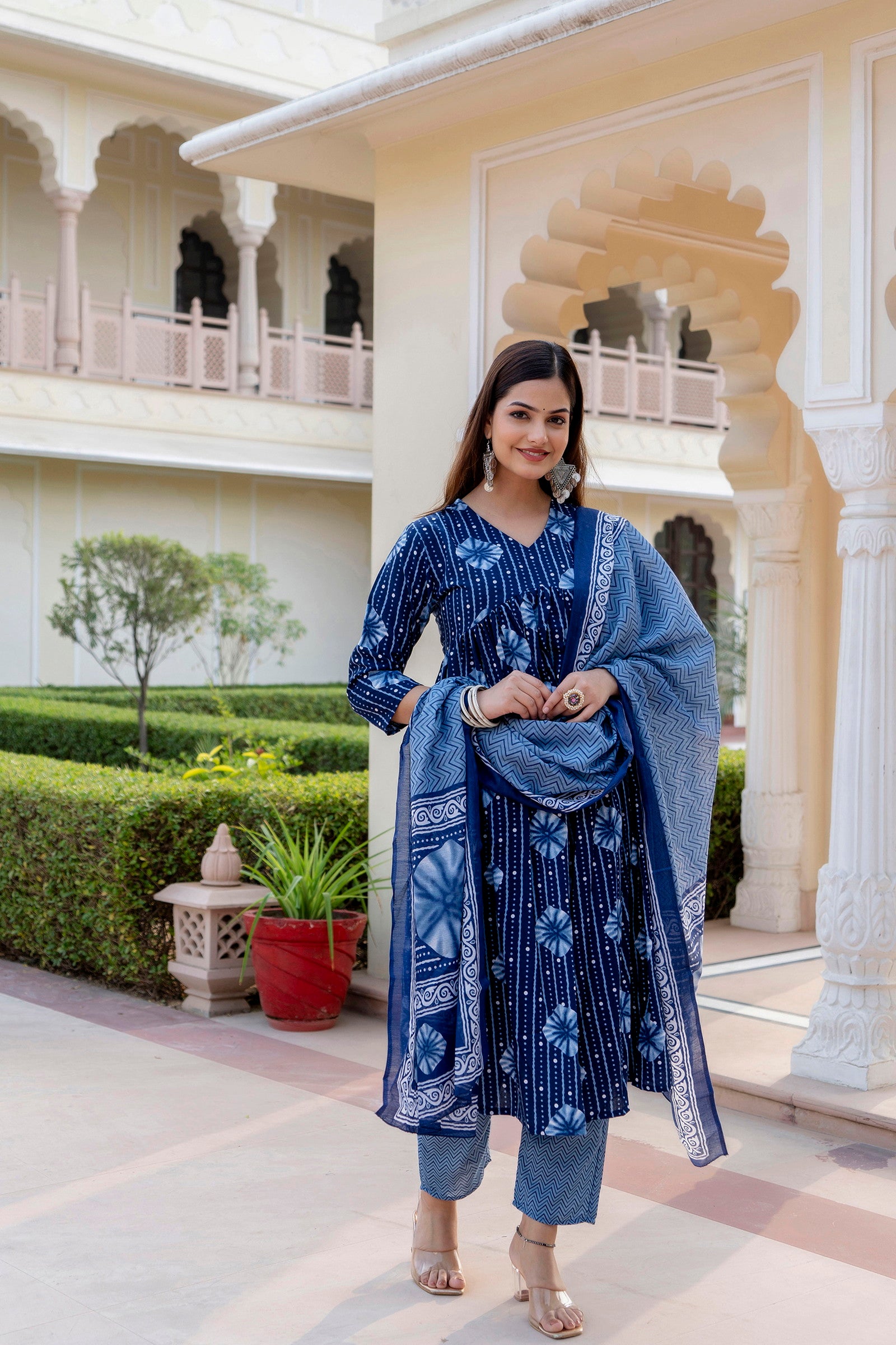 Women Blue Indigo Kurta and Pant Set With Dupatta Dropshipera