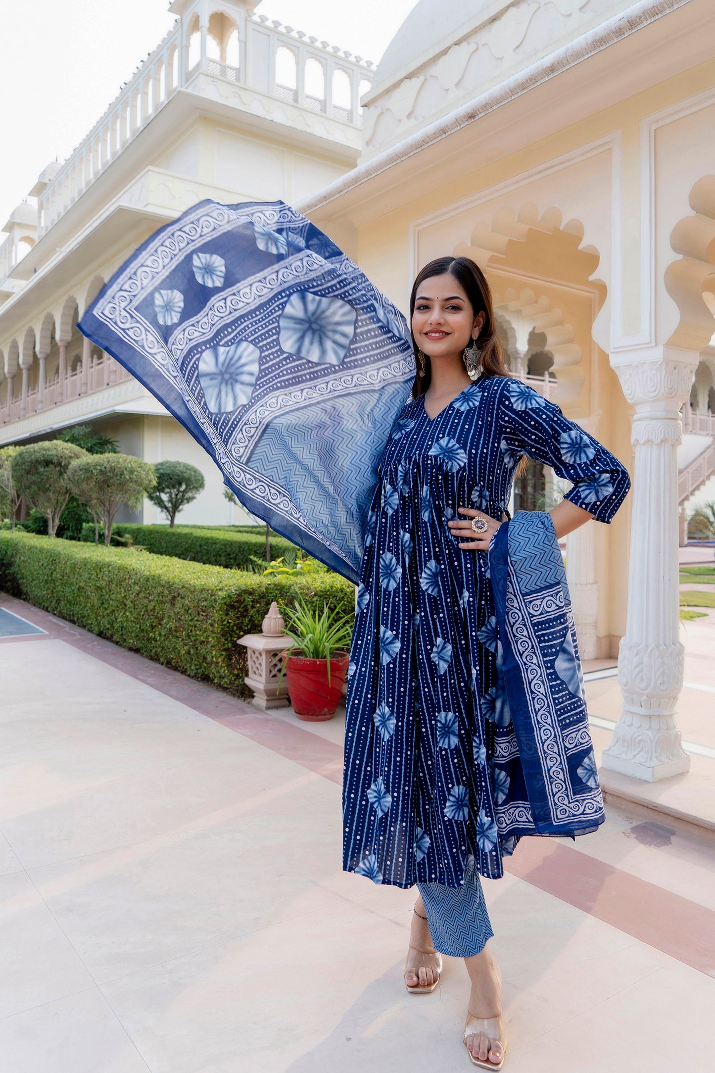 Women Blue Indigo Kurta and Pant Set With Dupatta Dropshipera