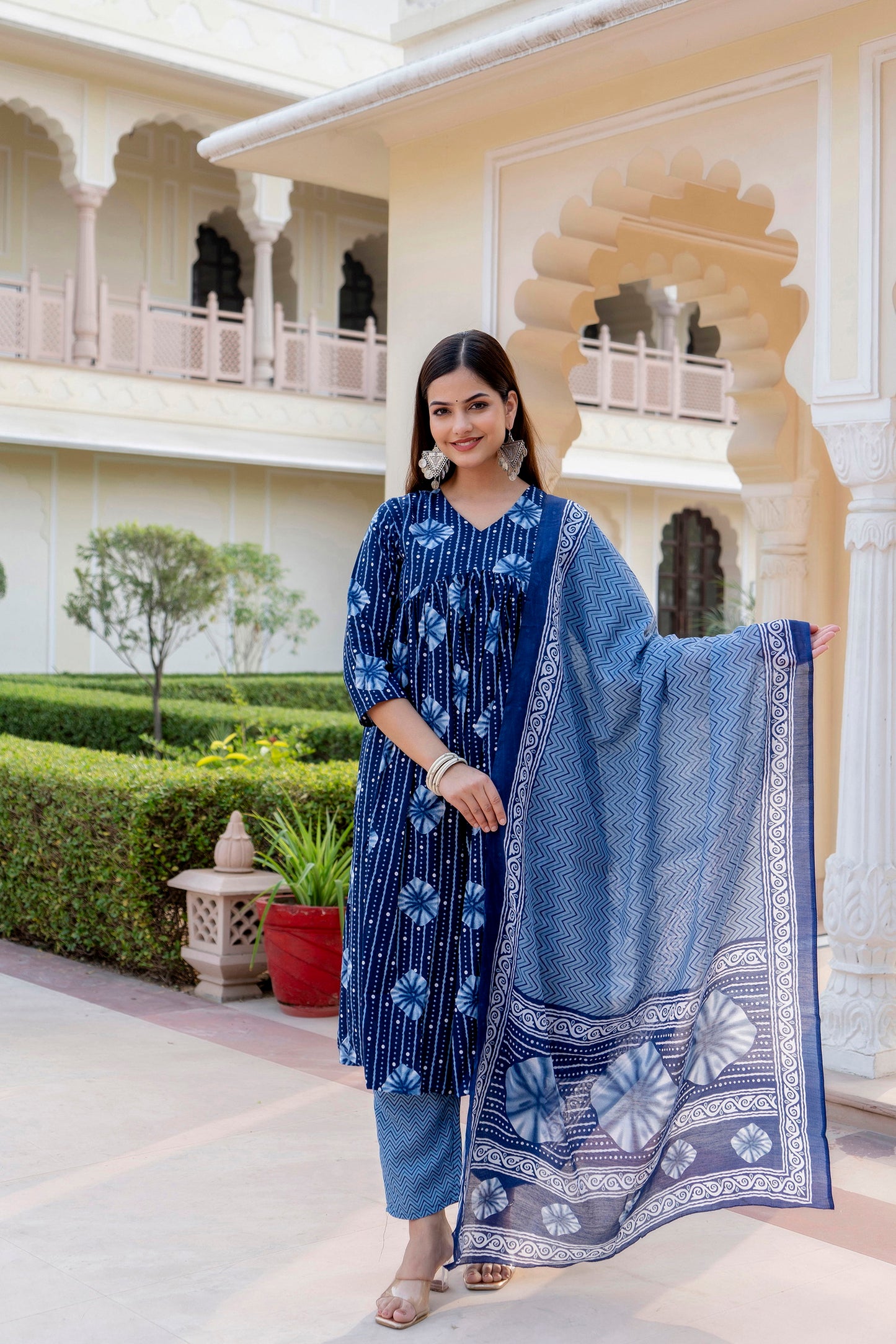 Women Blue Indigo Kurta and Pant Set With Dupatta Dropshipera