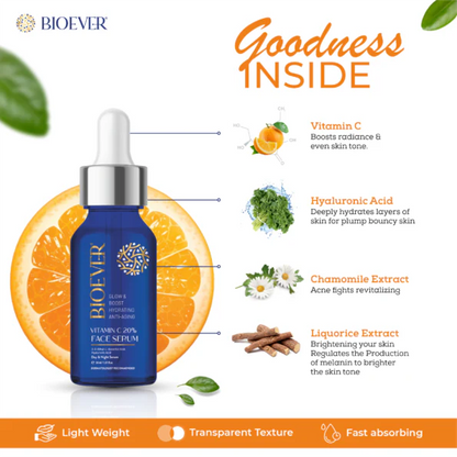 Bioever 20% Vitamin C Serum with Hyaluronic Acid, Niacinamide, Liquorice Extract for Glowing Skin, Hyperpigmentation & Dull Skin - 30ml Dropshipera