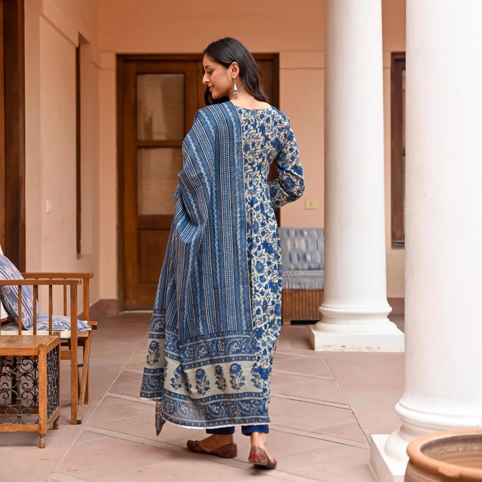 Blue Floral Anarkali Kurta Set For Women Dropshipera