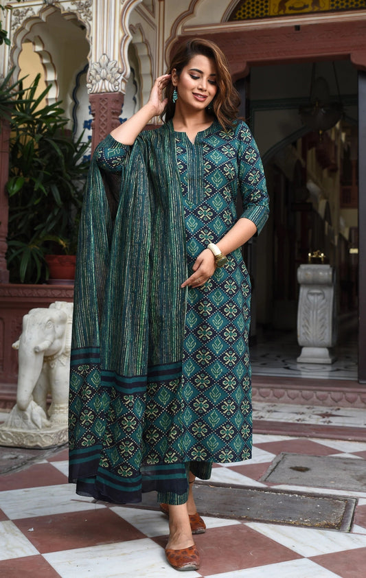 Women Block Printed Kurta Set with Dupatta Dropshipera