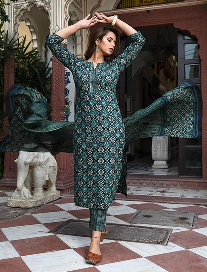 Women Block Printed Kurta Set with Dupatta Dropshipera