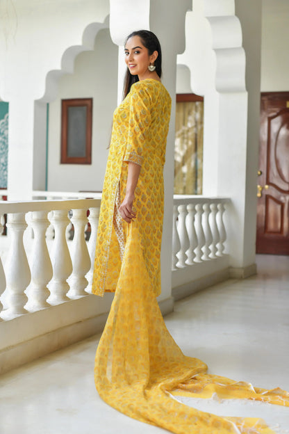 Yellow Printed Straight Kurta and Pant Set with Dupatta Dropshipera