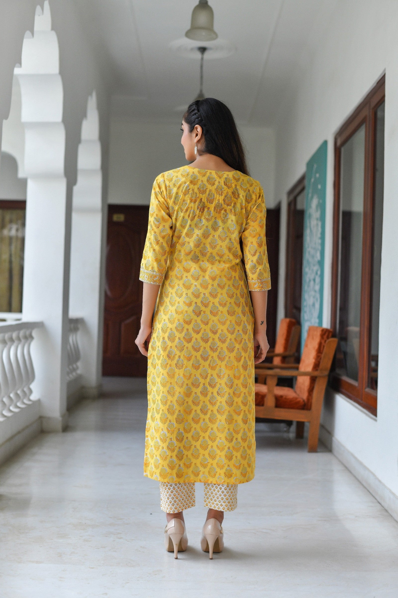 Yellow Printed Straight Kurta and Pant Set with Dupatta Dropshipera