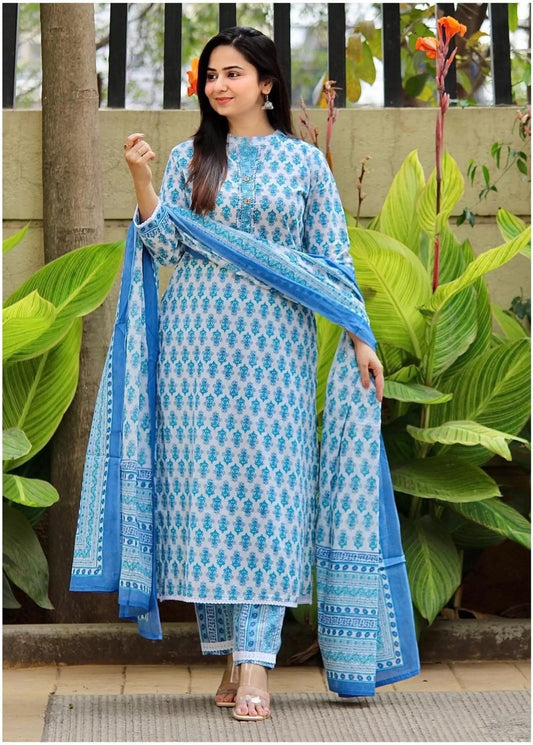 Women Pure Cotton Kurta Pant Dupatta Set Dropshipera