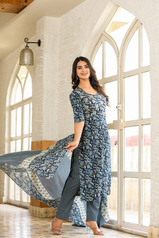 Floral Printed Straight Kurta and pant set with Dupatta Dropshipera