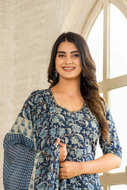 Floral Printed Straight Kurta and pant set with Dupatta Dropshipera