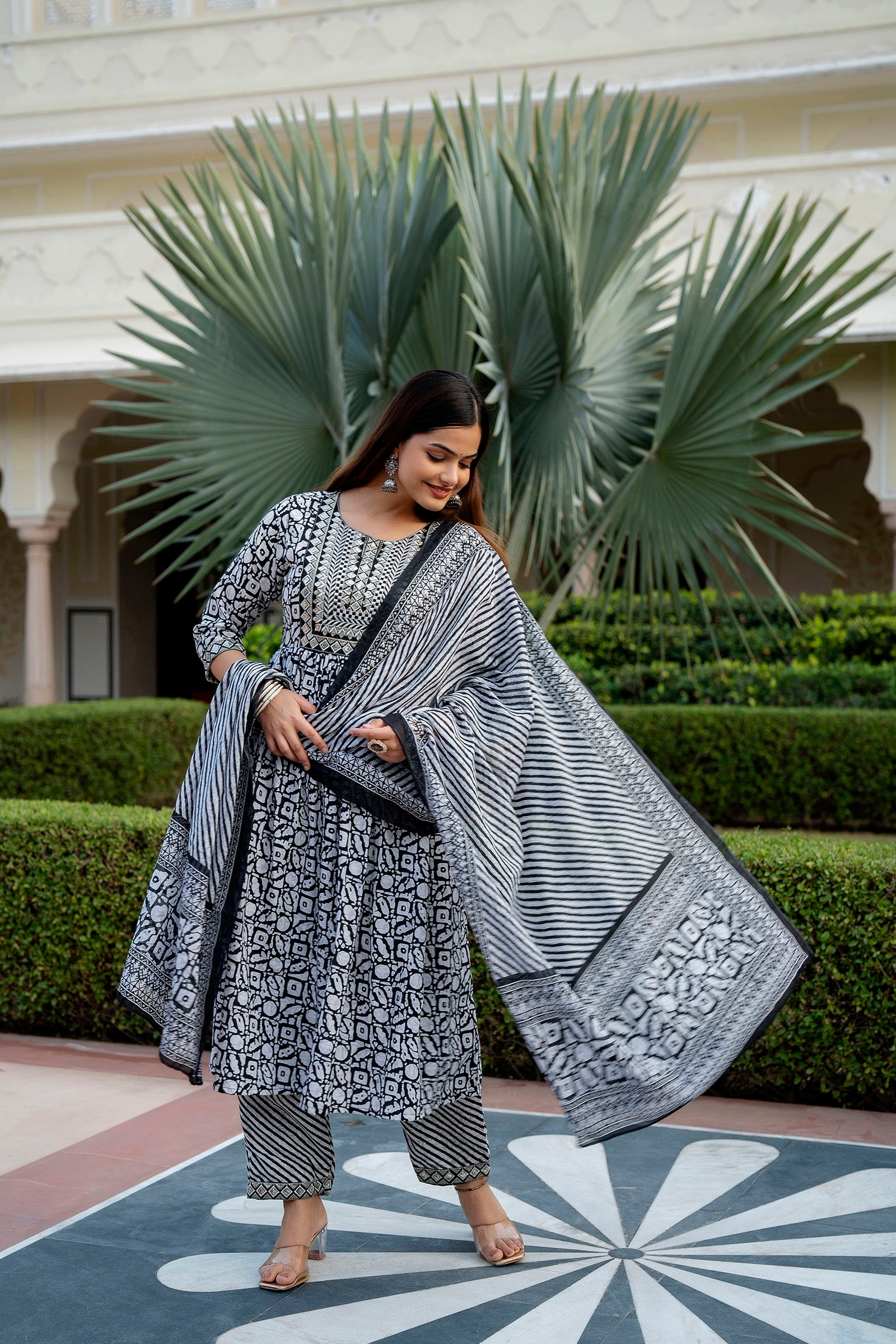 Women Embroidered Kurta and Pant Set with Dupatta in Black and White color Dropshipera