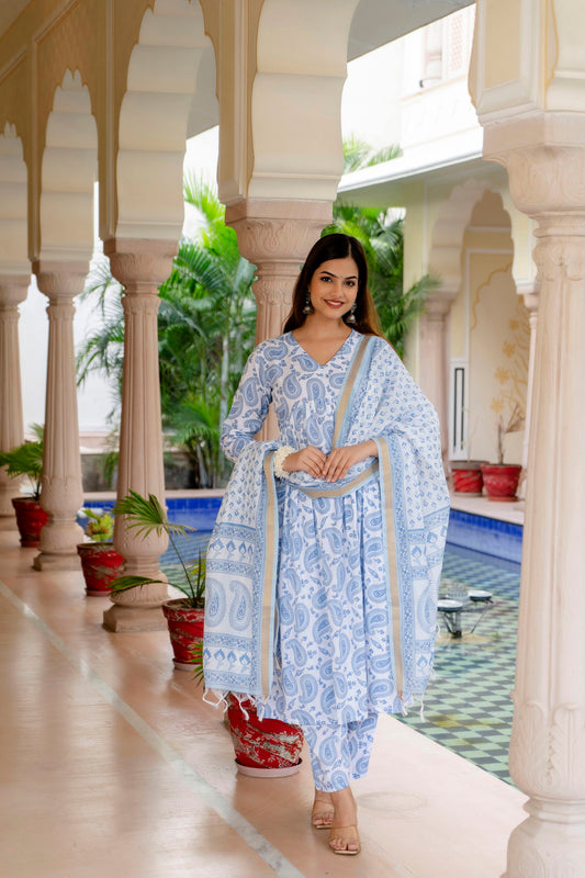 Women Block Printed Kurta and Pant Set With Dupatta in Traditional design Dropshipera