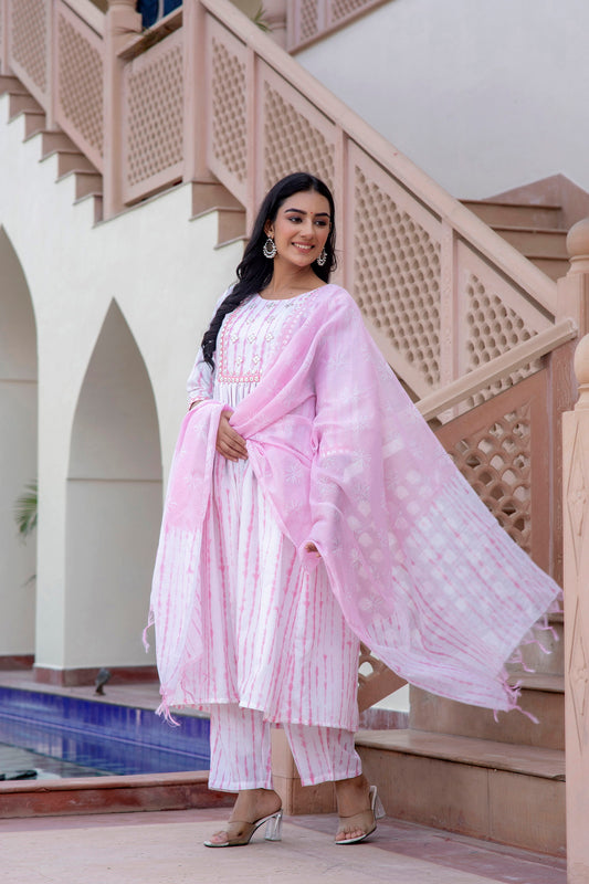 Women Embroidery Kurta and Pant Set with Dupatta in Pink Dropshipera