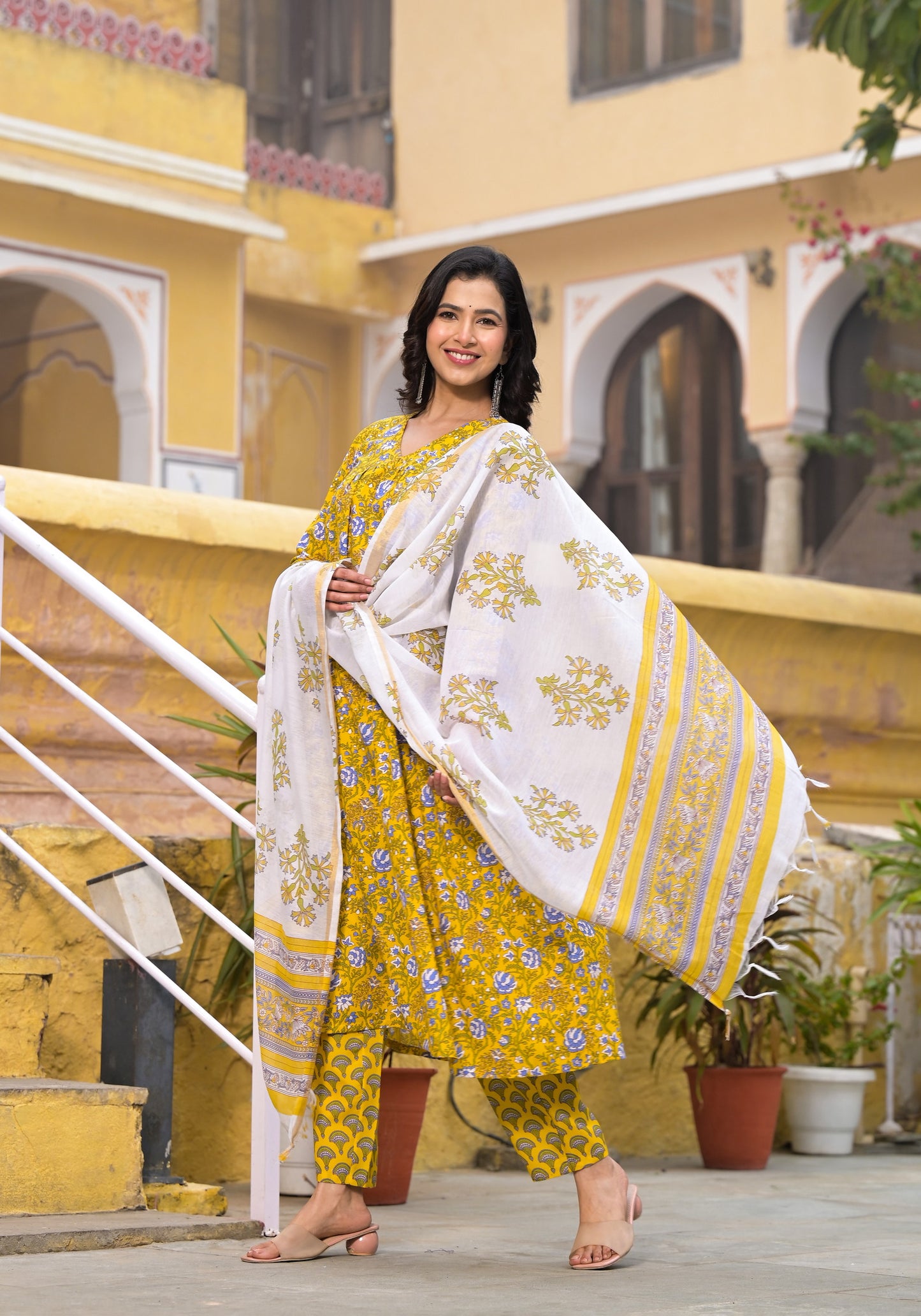 Block Printed Kurta and Pant Set with Dupatta in Yellow Color for Women Dropshipera