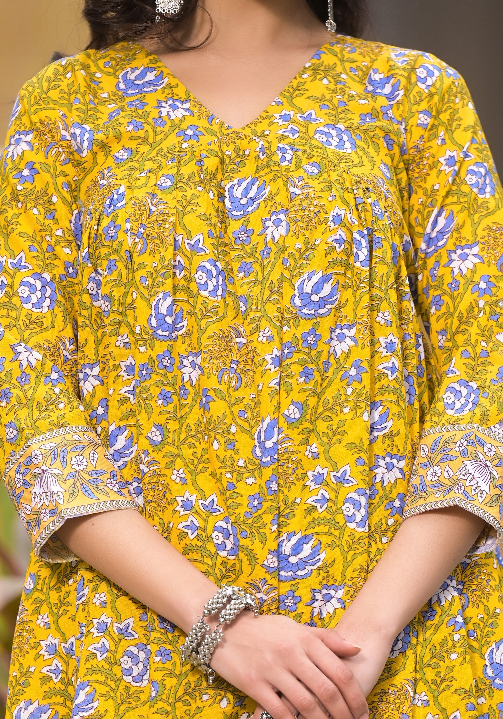 Block Printed Kurta and Pant Set with Dupatta in Yellow Color for Women Dropshipera