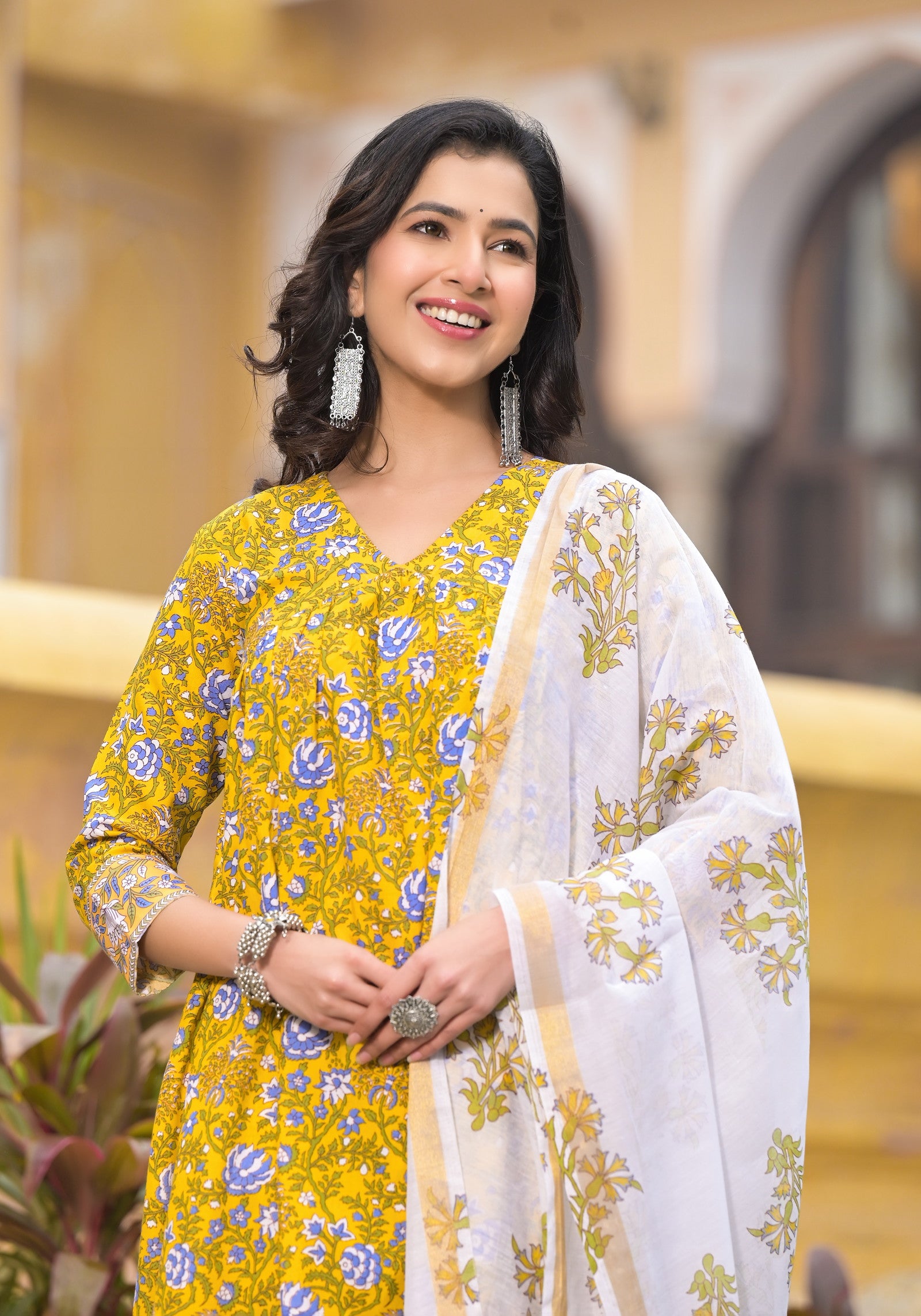 Block Printed Kurta and Pant Set with Dupatta in Yellow Color for Women Dropshipera