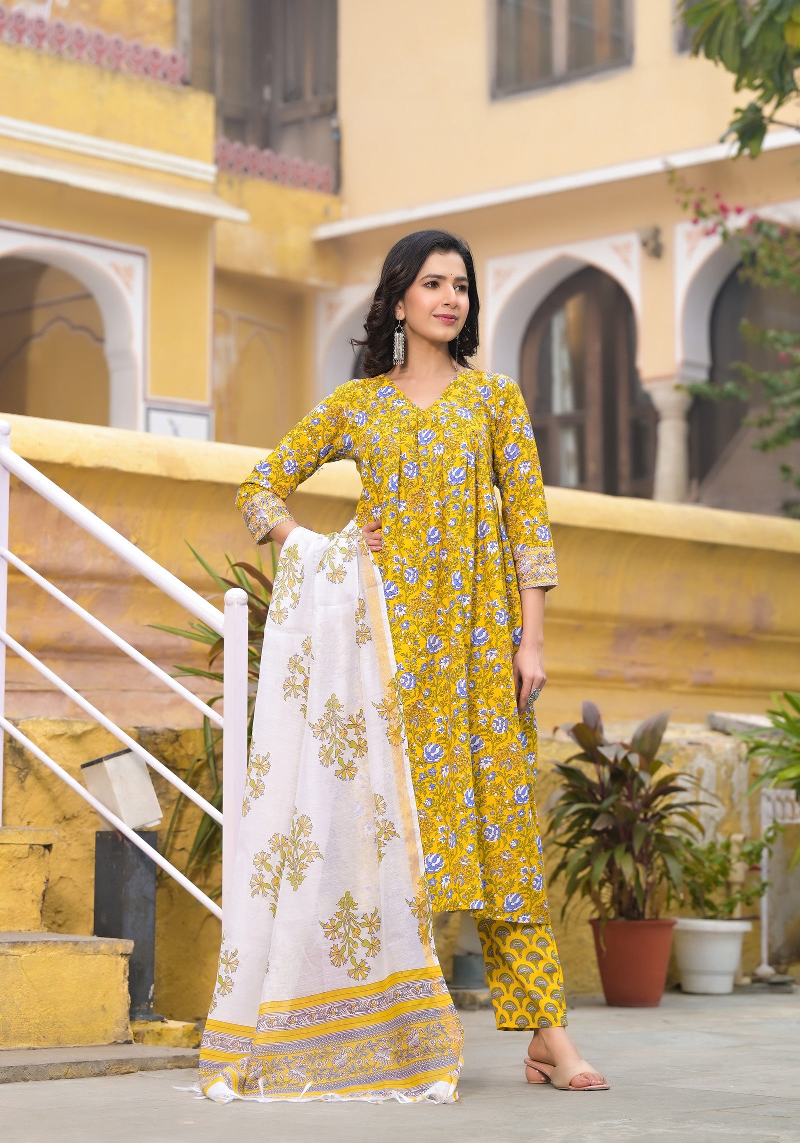 Block Printed Kurta and Pant Set with Dupatta in Yellow Color for Women Dropshipera